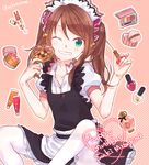  ;) amattle apron brown_hair character_name checkerboard_cookie compact cookie food green_eyes happy_birthday idolmaster idolmaster_side-m lip_balm maid_headdress makeup male_focus mizushima_saki nail_polish one_eye_closed otoko_no_ko scrunchie sitting smile solo twintails twitter_username waist_apron waitress white_legwear 