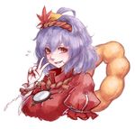  commentary_request doughnut flying_sweatdrops food hair_ornament highres hoshibuchi jewelry long_sleeves looking_at_viewer mirror necklace pose puffy_short_sleeves puffy_sleeves purple_hair red_eyes short_over_long_sleeves short_sleeves smile solo touhou upper_body v yasaka_kanako 