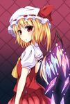  ascot blonde_hair cowboy_shot flandre_scarlet glowing glowing_wings hat hat_ribbon highres looking_at_viewer mob_cap naba_(take_tonbo) open_mouth puffy_short_sleeves puffy_sleeves red_eyes ribbon shirt short_sleeves skirt skirt_set solo touhou vest wings 