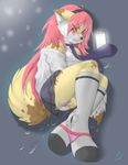  2016 anthro black_nose blush bottomless breasts brown_fur butt canine cellphone clothed clothing crying english_text eyes_closed female fingering fur grey_background hair hairband hi_res legwear long_hair mammal masturbation necktie panties phone pink_hair pussy pussy_juice rysonanthrodog school_uniform shirt signature simple_background skirt socks solo spots tears teeth text underwear uniform 