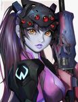  bad_artstation_id bad_id bangs bodysuit breasts center_opening eyelashes gun head_mounted_display helmet highres holding holding_gun holding_weapon large_breasts lipstick long_hair looking_at_viewer makeup overwatch pale_skin pink_bodysuit ponytail purple_hair purple_lipstick randy_(awesomevillage) rifle signature sniper_rifle solo upper_body visor weapon widowmaker_(overwatch) yellow_eyes 