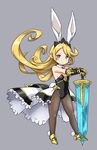  animal_ears bare_shoulders blonde_hair blue_eyes blush breasts bunny_ears bunny_girl bunny_tail bunnysuit charlotta_fenia detached_collar fake_animal_ears gauntlets granblue_fantasy harvin leotard long_hair looking_at_viewer pantyhose pointy_ears simple_background small_breasts solo sword tail weapon zaxwu 