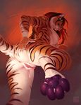  2016 anthro anus breasts butt fangs feline female hair low-angle_view mammal nipples nude pawpads pussy pussy_juice solo spottyjaguar stripes tiger uchoa warm_colors 