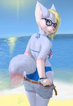  2016 anthro beach belt bikini blonde_hair blue_eyes blue_fur bra breasts butt canine clothed clothing day english_text eyewear female fur glasses hair hi_res looking_at_viewer looking_back mammal multicolored_fur open_mouth outside pink_fur pink_nose raised_tail rear_view rysonanthrodog sand seaside shorts side_boob signature sky solo sun swimsuit teeth text tongue tongue_out underwear undressing united_kingdom water white_fur wristband 
