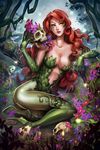  batman_(series) breasts cleavage dc_comics eye_shadow eyeshadow flower gloves green_eyes green_eyeshadow green_gloves green_shoes high_heel_boots holding_flower leaning leotard pantyhose plant poison_ivy red_hair skeleton skull solo thigh_boots tree vine 