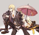  1girl belt blonde_hair blue_eyes boots brother_and_sister coat dress edna_(tales) eizen_(tales) gloves gradient gradient_background hair_ornament hairband pants short_hair tales_of_(series) tales_of_berseria tales_of_zestiria umbrella 