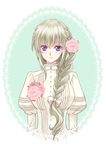 alternate_costume alternate_hair_color alternate_hairstyle blush bow braid code_geass code_geass:_boukoku_no_akito commentary_request dress flower grey_hair hair_bow hair_flower hair_ornament hair_over_shoulder juliet_sleeves komaichi leila_(code_geass) long_hair long_sleeves looking_at_viewer puffy_sleeves purple_eyes single_braid smile solo upper_body white_bow white_dress 