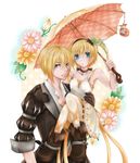  1girl bare_shoulders blonde_hair blue_eyes boots breasts brother_and_sister dragon dress edna_(tales) eizen_(tales) flower gloves hairband short_hair side_ponytail tales_of_(series) tales_of_berseria tales_of_zestiria umbrella 