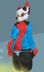 2016 anthro areola black_fur black_nose blue_background breasts canine clothed clothing english_text female fur hair hi_res mammal multicolored_fur navel nipple_bulge partially_clothed red_fur rysonanthrodog signature simple_background solo sweater text underwear white_fur white_hair 
