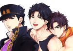  bad_id bad_pixiv_id battle_tendency birthmark black_hair chain earrings gakuran green_eyes hat jewelry joestar_birthmark jojo_no_kimyou_na_bouken jonathan_joestar joseph_joestar_(young) kuujou_joutarou multiple_boys muscle one_eye_closed open_mouth phantom_blood purple_hair scarf school_uniform smile stardust_crusaders striped striped_scarf tank_top upper_body yawaraka 