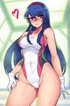  blue_hair blush breasts commentary_request competition_swimsuit covered_navel eyebrows eyebrows_visible_through_hair gakuen_taisen_valkyries glasses gloves highleg highleg_swimsuit jjune large_breasts long_hair looking_at_viewer one-piece_swimsuit red_eyes rei_no_pool rimless_eyewear sabra_greengold smile solo swimsuit wet white_gloves 