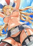  american_flag_bikini armpits arms_up ball beachball belt bikini bikini_top black_panties blonde_hair breasts day flag_print from_below front-tie_bikini front-tie_top garter_straps hair_between_eyes headgear iowa_(kantai_collection) kantai_collection large_breasts long_hair looking_down miniskirt mismatched_legwear navel open_mouth panties parted_lips skirt sky solo star star-shaped_pupils striped striped_legwear swimsuit symbol-shaped_pupils thighhighs underboob underwear vertical-striped_legwear vertical-striped_skirt vertical_stripes wading wet wet_clothes yakitomeito yellow_eyes 