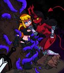  bandages black_hair blonde_hair blue_eyes boots bound bound_arms bound_legs breasts cleavage cleavage_cutout dark_persona darkchylde demon_girl demon_horns demon_tail dual_persona gauntlets grin hair_ornament highres horns illyana_rasputina large_breasts long_hair magik_(x-men) marvel midriff navel open_mouth red_eyes short_shorts shorts sidelocks smile spikes sweat sword tail tentacles thigh_boots thighhighs weapon x-men yellow_sclera zettai_ryouiki 