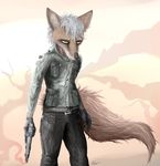  2016 alex_taylor anthro black_nose canine clothed clothing ear_piercing fox fur gun hair jacket looking_at_viewer male mammal orange_fur pants piercing ranged_weapon simple_background solo volpe weapon white_hair yellow_eyes 