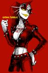  2016 big_breasts breasts cleavage clothed clothing eye_patch eyewear fangs female fish g0966 gills hair jacket long_hair marine navel ponytail red_hair simple_background smile solo standing undertale undyne video_games yellow_eyes 