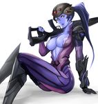  arm_support bodysuit breasts center_opening crossed_legs gloves gun head_mounted_display large_breasts lips long_hair looking_at_viewer overwatch pink_bodysuit ponytail purple_hair purple_skin rifle shibusun simple_background sitting sniper_rifle solo very_long_hair visor weapon white_background widowmaker_(overwatch) yellow_eyes 