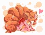  bow brown_eyes brown_fur brown_hair clothing feral flower fur hair japanese_clothing looking_at_viewer multi_tail nintendo open_mouth plant pok&eacute;mon ribbons simple_background smile solo video_games vulpix ねる 