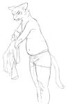 2021 aiden_belyaev_(cettus) anthro belly briefs briefs_only cettus chubby_anthro chubby_male clothed clothing domestic_cat dressing felid feline felis holding_clothing holding_object male mammal navel partially_clothed putting_on_clothes sketch slightly_chubby standing topless underwear underwear_only
