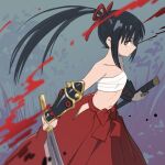  1girl armor black_hair blood brown_eyes bushidou_(sekaiju) bushidou_2_(sekaiju) chest_sarashi expressionless flat_chest hakama highres holding holding_sword holding_weapon japanese_armor japanese_clothes kote long_hair looking_at_viewer mya-zawa no_shirt outdoors ponytail red_hakama rope sarashi sekaiju_no_meikyuu sekaiju_no_meikyuu_1 sheath sideways_glance solo sword upper_body weapon 