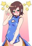  1girl @_@ absurdres aile_(mega_man_zx) blush breasts brown_hair buzzlyears china_dress chinese_clothes cleavage cleavage_cutout clothes_pull clothing_cutout covered_collarbone dress dress_pull green_eyes highres looking_at_viewer medium_breasts mega_man_(series) mega_man_zx nervous_smile open_mouth short_hair sleeveless sleeveless_dress smile solo 