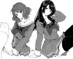  2girls ass_peek black_hair black_socks blush hands_under_legs hibike!_euphonium highres kitauji_high_school_uniform kneehighs knees_up kousaka_reina long_hair mokufuu monochrome multiple_girls neckerchief oumae_kumiko pleated_skirt school_uniform serafuku short_hair sitting skirt socks thighhighs wavy_hair white_background white_socks winter_uniform 