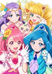  4girls 4others absurdres blue_choker blue_vest bow bowtie choker circlet cone_hair_bun cure_earth cure_fontaine cure_grace cure_sparkle dress earrings flower fuurin_asumi gloves hair_bun hair_flower hair_ornament hanadera_nodoka healin&#039;_good_precure healing_animal heart heart_hair_ornament highres hiramitsu_hinata jewelry ken_akai latte_(precure) leaf_earrings long_hair looking_at_viewer magical_girl multiple_girls multiple_others nyatoran_(precure) one_eye_closed open_mouth orange_bow orange_bowtie pegitan_(precure) pink_choker pink_eyes pink_hair pom_pom_(clothes) pom_pom_earrings precure puffy_sleeves purple_dress purple_eyes purple_hair rabirin_(precure) sawaizumi_chiyu short_sleeves smile split_ponytail tiara very_long_hair vest white_gloves yellow_choker yellow_vest 