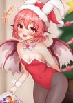  1girl animal_ear_piercing animal_ears bird_wings black_pantyhose blurry blurry_background blush breasts christmas_tree cleavage commentary_request covered_navel detached_collar fang fumo_(doll) highres kasoka_soka leotard looking_at_viewer medium_breasts mystia_lorelei open_mouth pantyhose pink_hair playboy_bunny rabbit_ears red_leotard short_hair skin_fang solo touhou wings 