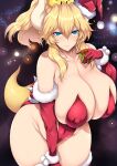  1girl absurdres blonde_hair blue_eyes bowsette breasts christmas cleavage covered_nipples elbow_gloves gift gloves hair_between_eyes hand_on_own_chest hat highres holding holding_gift horns huge_breasts large_breasts leotard mario_(series) ponytail red_leotard santa_hat smile solo standing tail thighhighs tsukasawa_takamatsu 