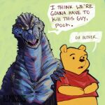 2023 anthro bear clothed clothing cosmicskele dialogue dinosaur disney duo english_text godzilla godzilla_(series) hand_on_shoulder hi_res humor i_think_we&#039;re_gonna_have_to_kill_this_guy male mammal meme pooh_bear reptile scalie signature simple_background speech_bubble text toho winnie_the_pooh_(franchise)