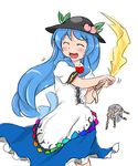 :d ^_^ absurdres baker_at_bat blue_hair blush bow bowtie closed_eyes dress food food_on_head fruit fruit_on_head happy hat highres hinanawi_tenshi keystone king_(ougon_kingyo-bachi) layered_dress long_hair new_horizon object_on_head open_mouth parody peach playing sketch smile solo sword_of_hisou touhou very_long_hair 