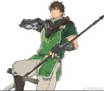  1boy black_cape black_gloves blue_ribbon boots brown_hair cape cigarette facial_hair fate/grand_order fate_(series) gloves goatee green_tabard green_tunic grey_pants hector_(fate) holding holding_polearm holding_weapon lance luboyaqqz male_focus mouth_hold pants polearm ponytail ribbon simple_background solo tabard weapon weibo_logo white_background 