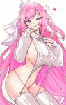  1girl areola_slip bare_shoulders breasts detached_sleeves elysia_(honkai_impact) garter_straps hair_ornament highres honkai_(series) honkai_impact_3rd large_breasts long_hair looking_at_viewer navel open_mouth panties pink_hair pointy_ears purple_eyes ribbed_legwear ribbed_panties ribbed_sleeves ribbed_thighhighs sideboob sleeveless sleeveless_sweater sleeveless_turtleneck smile solo sweater thighhighs turtleneck turtleneck_sweater underboob underwear very_long_hair virgin_destroyer_sweater white_background white_garter_straps white_panties white_sweater yun-yang 