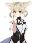  1girl animal_ears arknights bare_shoulders blonde_hair blowing_kiss blue_hairband blush braid braided_hair_rings closed_mouth clothing_cutout colored_tips commentary dress fox_ears fox_girl frilled_sleeves frills green_eyes hair_rings hairband heart highres infection_monitor_(arknights) looking_at_viewer multicolored_hair nishimiya_aki no_tail purple_dress short_hair short_sleeves shoulder_cutout solo suzuran_(arknights) twin_braids two-tone_hair upper_body white_hair 