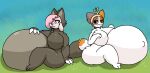 anthro belly big_belly big_breasts blue_sky bovid breasts calico_cat caprine cheezborger_(chikn_nuggit) chikn_nuggit clothing cofi_(chikn_nuggit) costume domestic_cat duo felid feline felis female furry_wearing_fursuit fursuit gasgasgas grass hand_on_stomach looking_at_self looking_at_viewer mammal navel outie_navel plant sheep sitting sky thick_thighs