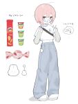  1girl absurdres baggy_pants blush commentary_request denim detached_sleeves double_v full_body glasses grey_sleeves hands_up highres jagariko jeans jitome looking_at_viewer loose_hair_strand midriff myomuron navel open_mouth original pants pink_eyes pink_hair pringles pringles_can rabbit_charm raised_eyebrows shirt shoes short_hair short_sleeves shoulder_strap simple_background smile snap-fit_buckle solo standing translation_request v white_background white_footwear white_shirt wrapped_candy 