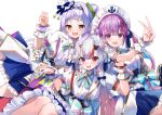  3girls :d anchor arm_up black_hairband blue_bow blue_hair blue_nails blue_skirt bow breasts commentary_request frilled_skirt frills grey_hair hair_bun hairband hat hololive horns jacket konkito medium_breasts minato_aqua mini_hat multicolored_hair multiple_girls murasaki_shion nail_polish nakiri_ayame oni oni_horns open_clothes open_jacket orange_eyes puffy_short_sleeves puffy_sleeves purple_eyes purple_hair red_eyes red_hair shirt short_sleeves simple_background single_side_bun skirt smile streaked_hair tilted_headwear v virtual_youtuber white_background white_headwear white_jacket white_shirt wrist_cuffs 