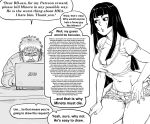  1boy 1girl artist_self-insert bb_(baalbuddy) black_hair breasts computer denim denim_shorts english_text greyscale highres hime_cut hime_cut_wife_(baalbuddy) laptop large_breasts long_hair monochrome navel original plunging_neckline shorts simple_background speech_bubble stomach tank_top white_background 
