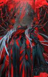  1boy asclepius_(fate) au_(d_elete) blood fate/grand_order fate_(series) green_eyes grey_hair highres hood long_hair male_focus red_theme signature sleeves_past_fingers sleeves_past_wrists snake twitter_username 