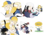  1boy 1girl akari_(pokemon) backpack bag bandages blonde_hair blue_hair carrying closed_eyes collage hair_over_one_eye hat head_scarf height_difference highres hug long_hair nextduch one_eye_covered oshawott pokemon pokemon_(creature) pokemon_legends:_arceus red_scarf scarf shinx short_hair sidelocks simple_background smile tearing_up togepi volo_(pokemon) white_background 