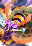  arthropod_girl bee bee_girl black_eyes bug capcom fur_collar highleg highleg_leotard highres honeycomb_(pattern) honeycomb_background insect_wings leotard minokichi_(arufooto25) monster_girl pantyhose purple_hair purple_pantyhose q-bee stinger vampire_(game) wings 