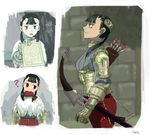  1girl ? armor armored_collar arrow ashei bangs black_hair blanko blunt_bangs bow_(weapon) brick_wall english fish_in_mouth from_side fur_cape gauntlets hair_ornament head_tilt jitome long_hair looking_at_viewer multiple_views pants pauldrons picture_(object) quiver ribbed_sweater sheath sheathed signature solo sweater sword the_legend_of_zelda the_legend_of_zelda:_twilight_princess tree turtleneck twintails weapon 