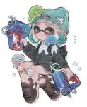  1girl 7om_x2 aqua_hair aqua_headwear aqua_trim bandaid bandaid_on_knee bandaid_on_leg beanie black_footwear black_shorts commentary_request dual_wielding full_body glooga_dualies_(splatoon) green_eyes gun hat highres holding holding_gun holding_weapon inkling inkling_girl jellyfish_(splatoon) print_headwear shoes short_hair short_shorts shorts smile solo splatoon_(series) splatoon_3 weapon white_background 