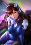  artist_name bodysuit breasts brown_hair character_name cockpit commentary cowboy_shot d.va_(overwatch) eyebrows eyelashes facial_mark gloves head_rest headphones highres light_smile lips lipstick long_hair looking_at_viewer makeup mecha medium_breasts meka_(overwatch) nose oliver_wetter overwatch pilot_suit pink_eyes pink_lipstick signature skin_tight solo watermark web_address whisker_markings white_gloves 