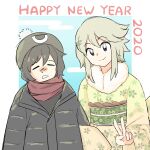  2020 2others absurdres alternate_costume androgynous back_bow beanie black_coat black_eyes black_hair black_headwear black_shirt black_sleeves blue_background blush bow closed_eyes closed_mouth coat commentary english_commentary enraku_tsubakura eye_of_senri floral_print frown fur_scarf gradient_ray green_bow green_kimono green_sash green_sleeves grey_hair hair_ornament hairclip happy_new_year hat highres houlen_yabusame japanese_clothes kimono len&#039;en locked_arms long_sleeves looking_at_viewer multiple_others new_year nose_blush obi open_mouth other_focus pom_pom_(clothes) pom_pom_beanie red_scarf runny_nose sash scarf shirt short_hair short_hair_with_long_locks sleepy sleeves_past_wrists smile snot two-tone_background upper_body v white_background white_scarf wide_sleeves winter_clothes winter_coat yukata 