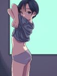  1girl ass backlighting bad_link bright_pupils clothes_lift dithering grey_panties grey_shirt lifted_by_self looking_at_viewer narume original panties pixel_art purple_eyes shirt shirt_lift short_hair short_sleeves solo underwear undressing white_pupils window 