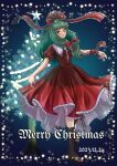  1girl arm_ribbon blue_background blunt_bangs boots bow brown_footwear christmas christmas_tree dated dress frilled_dress frilled_ribbon frills front_ponytail full_body green_eyes green_hair hair_bow hair_ribbon highres kagiyama_hina kyabekko long_hair looking_at_viewer puffy_short_sleeves puffy_sleeves red_bow red_dress red_ribbon ribbon short_sleeves smile solo star_(symbol) touhou 