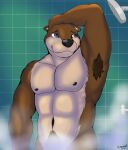 absurd_res anthro bath bathing blue_eyes brown_body brown_fur digital_media_(artwork) echo_(game) echo_(series) echo_project fur greensodafennec hi_res humanoid male mammal muscular muscular_male mustelid nipples nude otter simple_background smile solo sydney_bronson visual_novel