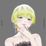  absurdres album_cover bare_arms bare_shoulders blue_eyes blush close-up cover earrings english_text green_hair highres izumo_tenka jewelry looking_at_viewer mato_seihei_no_slave official_art red_nails short_hair simple_background uchida_maaya 