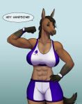 2023 abs absurd_res anthro big_breasts biped black_body black_fur black_hair bottomwear bra breasts brown_body brown_fur clothing dialogue digital_media_(artwork) english_text equid equine female flexing_bicep fur gloves_(marking) gym_bottomwear gym_clothing gym_shorts hair hand_on_hip hand_on_own_hip hi_res horse looking_at_viewer mammal markings muscular muscular_anthro muscular_female open_mouth open_smile patecko portrait shorts smile solo speech_bubble sports_bra talking_to_viewer text three-quarter_portrait underwear