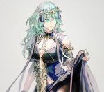  1girl bare_shoulders braid breasts byleth_(female)_(fire_emblem) byleth_(fire_emblem) cleavage closed_mouth cosplay enlightened_byleth_(female) fingernails fire_emblem fire_emblem:_three_houses green_eyes green_hair grey_background hair_between_eyes hair_ornament large_breasts long_hair official_alternate_costume simple_background smile solo sothis_(fire_emblem) sothis_(fire_emblem)_(cosplay) tsukimura_noe twin_braids 